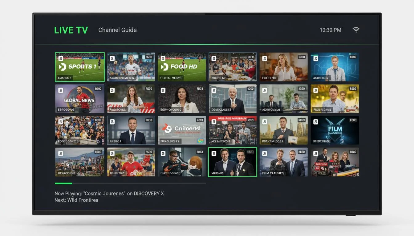 Home 1 IG IPTV channel guide showing live EPG with 50,000+ UK and international channels