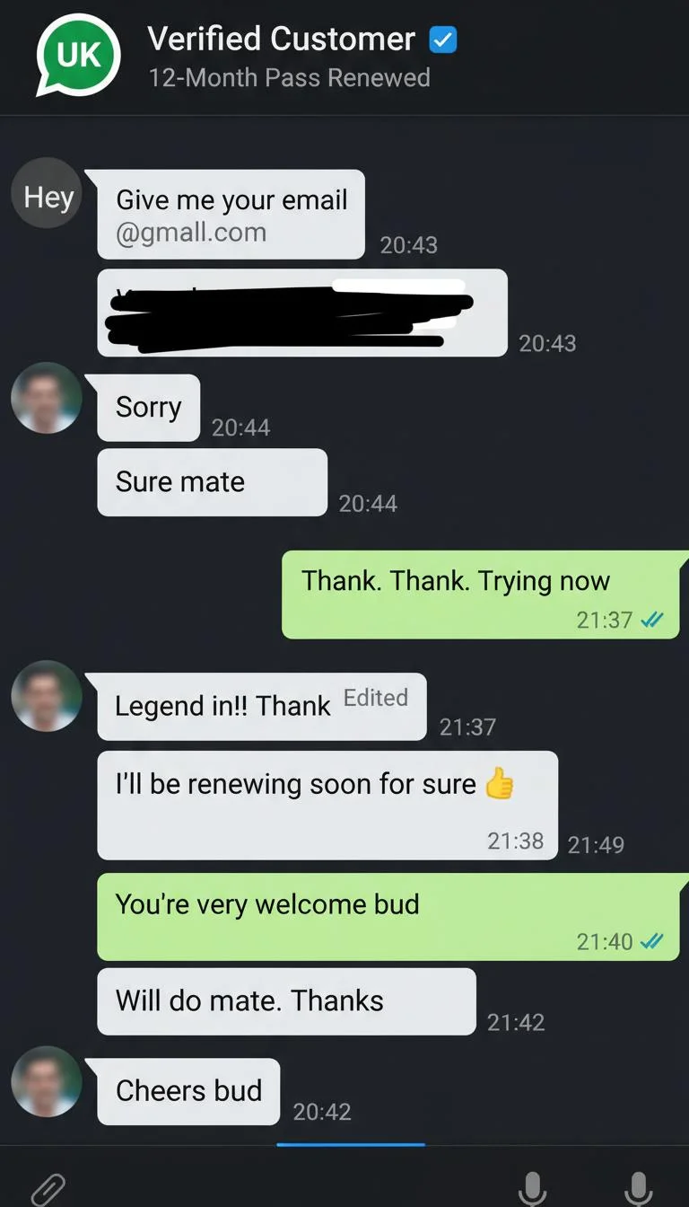 WhatsApp screenshot of a returning UK customer renewing their 12-month IG IPTV subscription