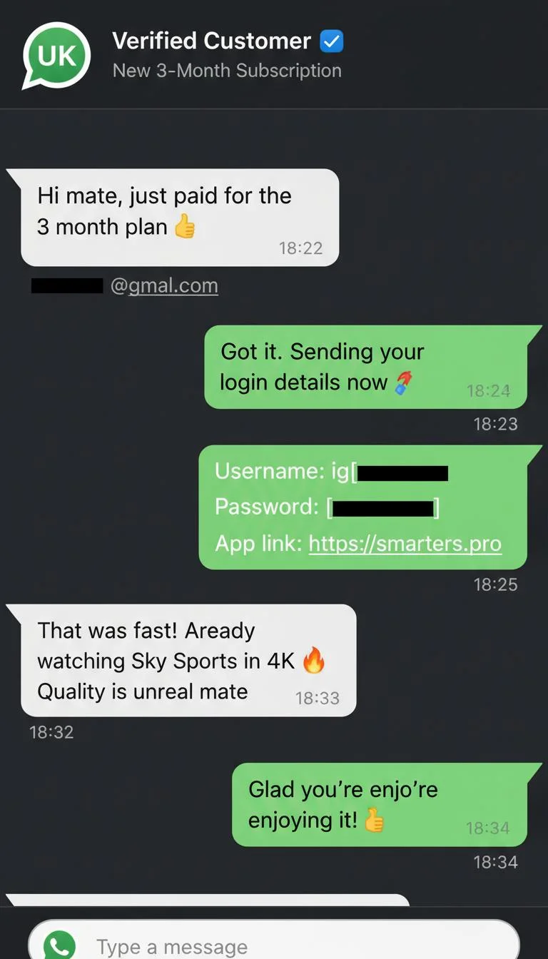 WhatsApp conversation with a new UK subscriber confirming their 3-month plan