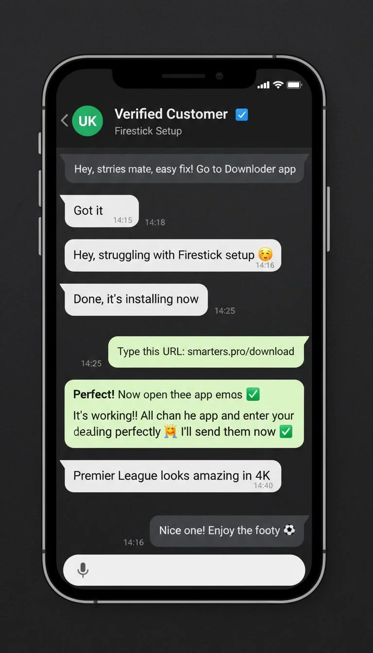 Customer support chat helping a UK user set up IG IPTV on Amazon Firestick